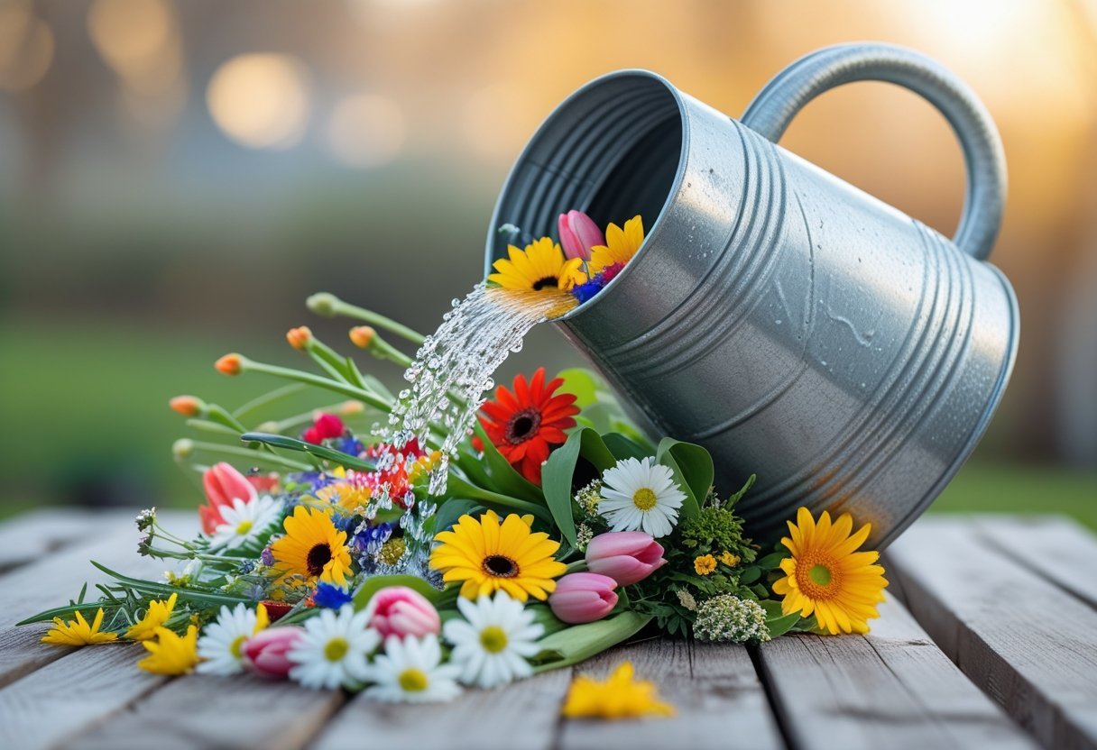 An upside-down watering can spilling colorful flowers onto a wooden surface.
