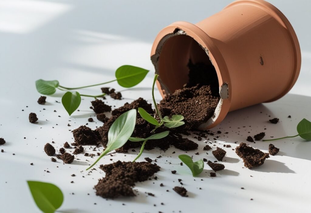 17+ Spilled Flower Pot Ideas: Creative Ways to Repurpose Your Mess Instantly 1 A broken terracotta flower pot spilled on a white surface with soil and green plant leaves scattered around.