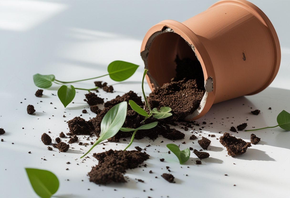 A broken terracotta flower pot spilled on a white surface with soil and green plant leaves scattered around.