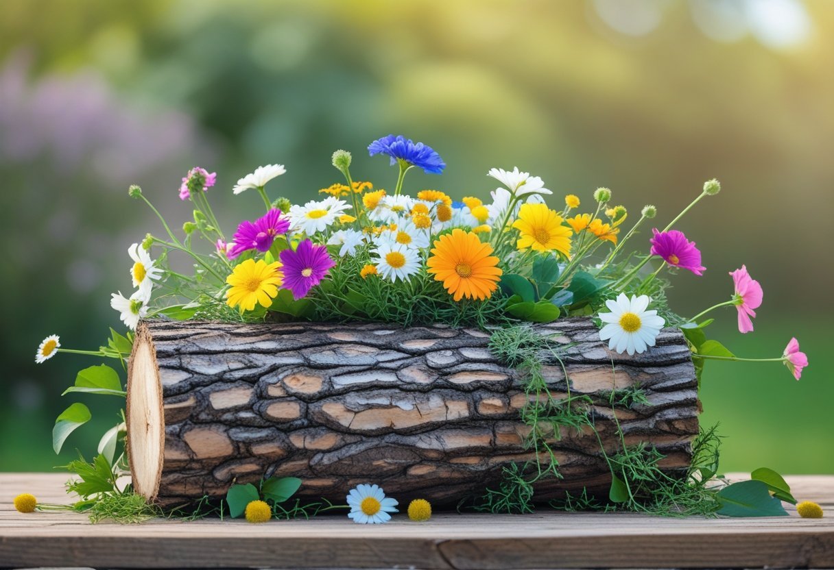 A hollow log filled with colorful flowers spilling over the edges, placed on a wooden surface with some flowers scattered around.