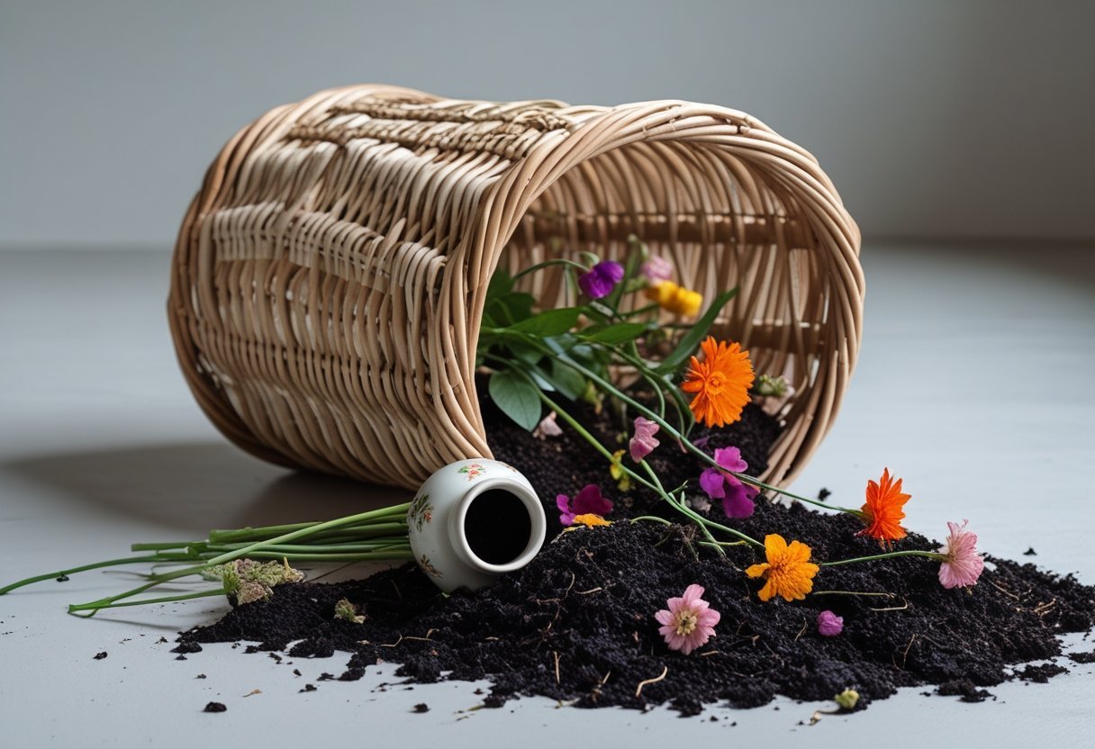 A wicker basket tipped over on its side spilling soil and a flower pot with plants onto a surface.
