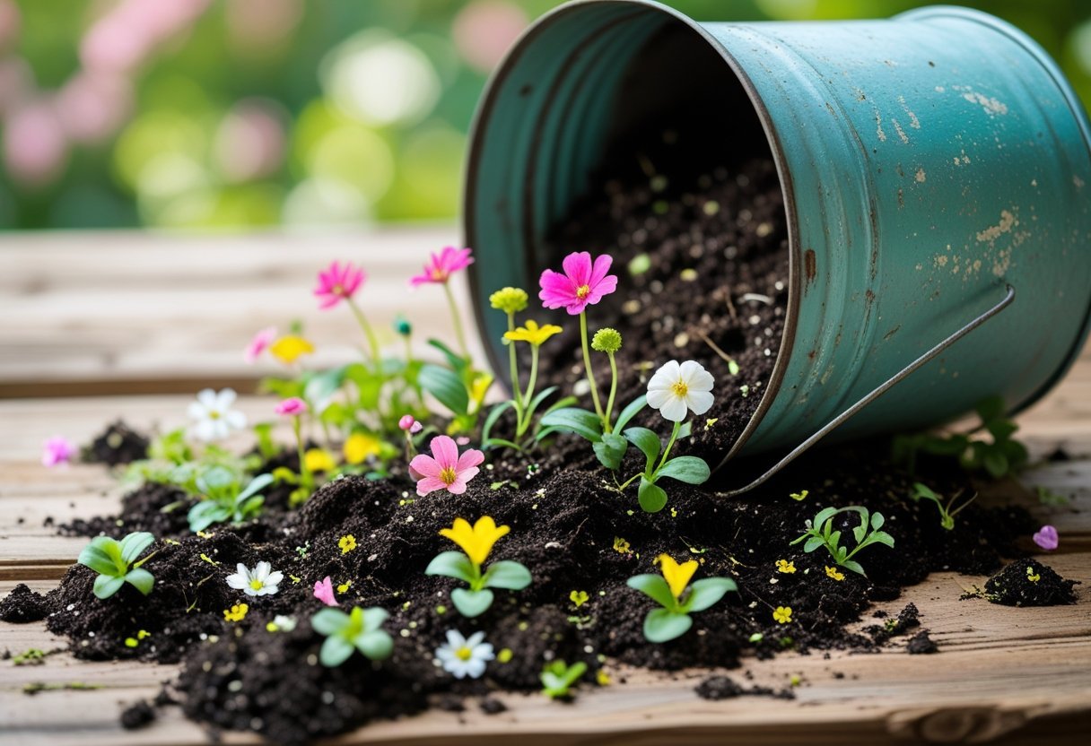 A painted tin bucket tipped over, spilling soil and colorful flowers onto a wooden surface.