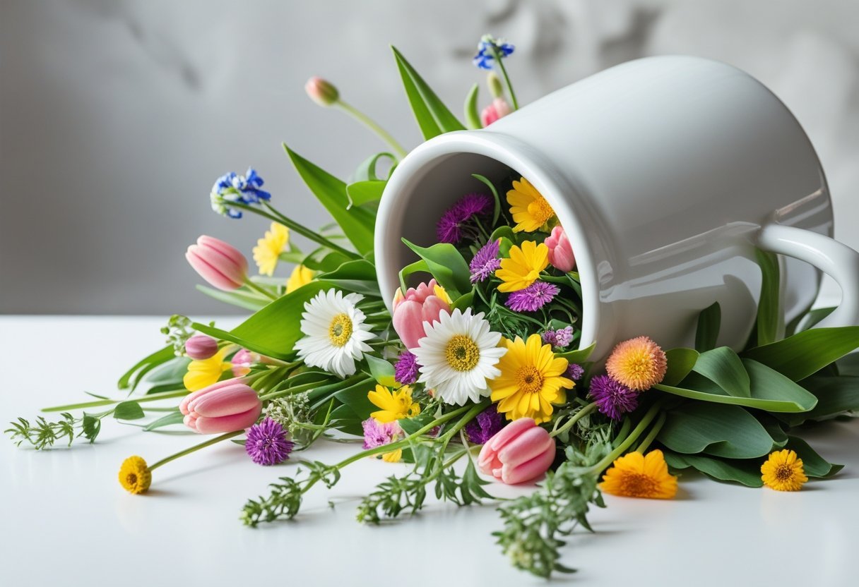 An oversized coffee mug tipped over with colorful flowers spilling out onto a white surface.