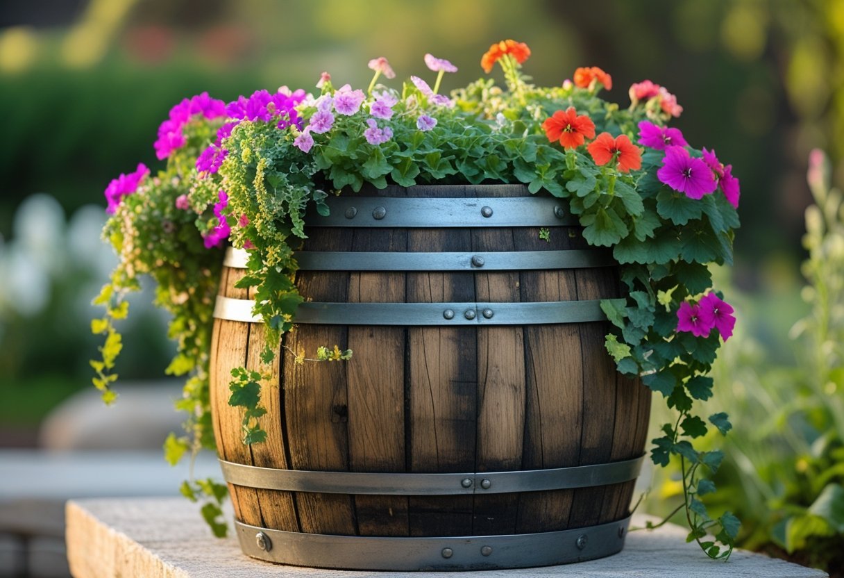 A rustic wooden barrel overflowing with colorful blooming flowers placed outdoors on a stone surface.