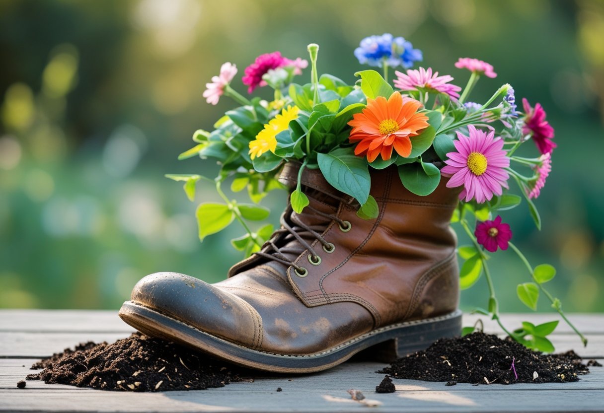 An old boot tipped over on its side with colorful flowers spilling out and soil scattered around on a wooden surface.