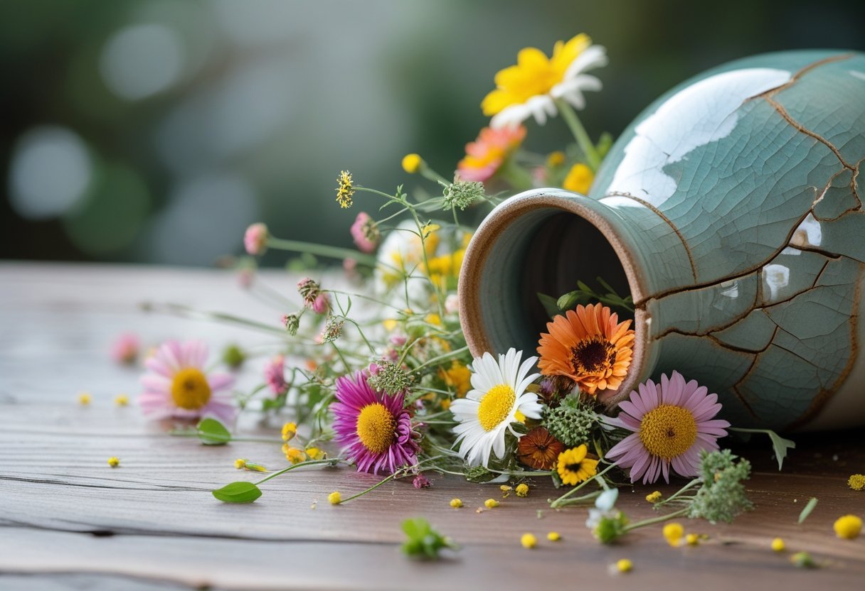 A cracked ceramic jug lying on its side with colorful flowers spilling out onto a wooden surface.