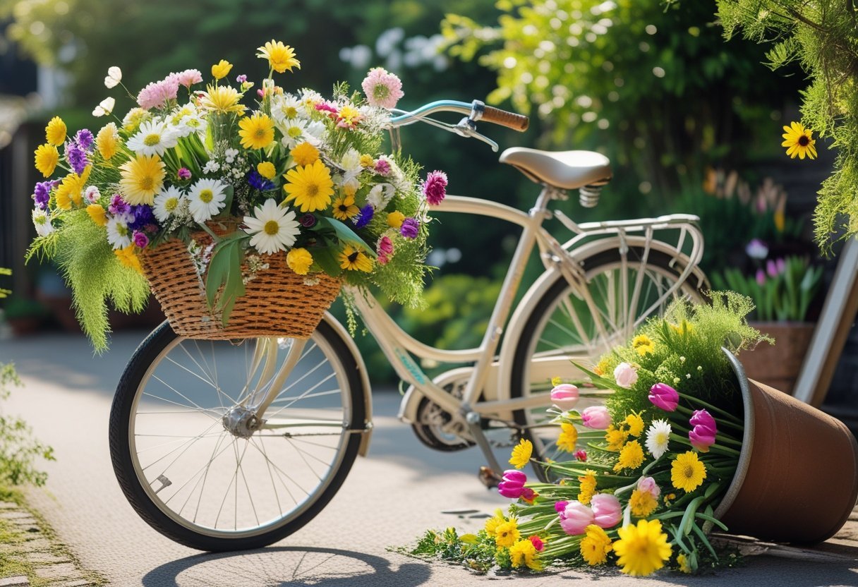 A bicycle with a basket overflowing with colorful flowers and a tipped-over flower pot spilling flowers beside it outdoors.