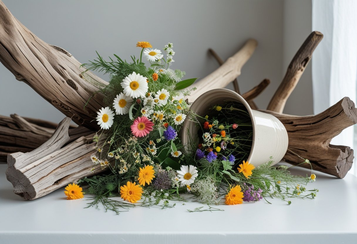 Driftwood with a tipped-over flower pot spilling colorful flowers and greenery onto a white surface.