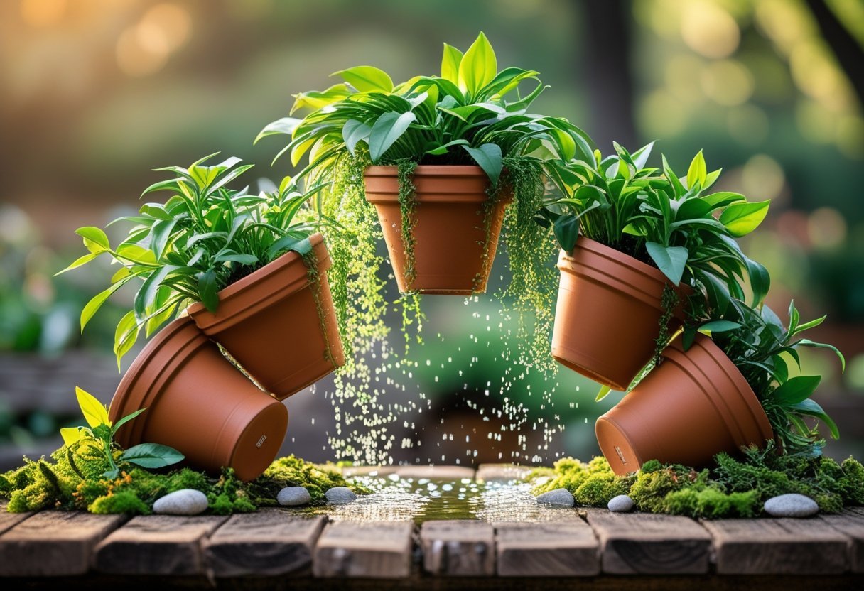 A series of flower pots arranged to create a cascading waterfall effect with plants and flowers spilling downwards.