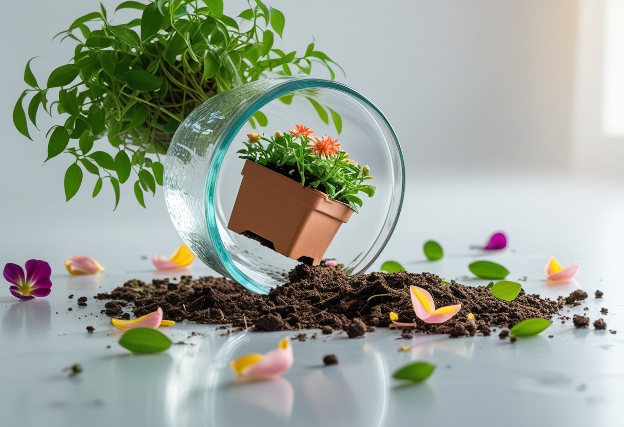 An upside-down glass bowl spilling a flower pot with green plants and colorful flowers onto a white surface.