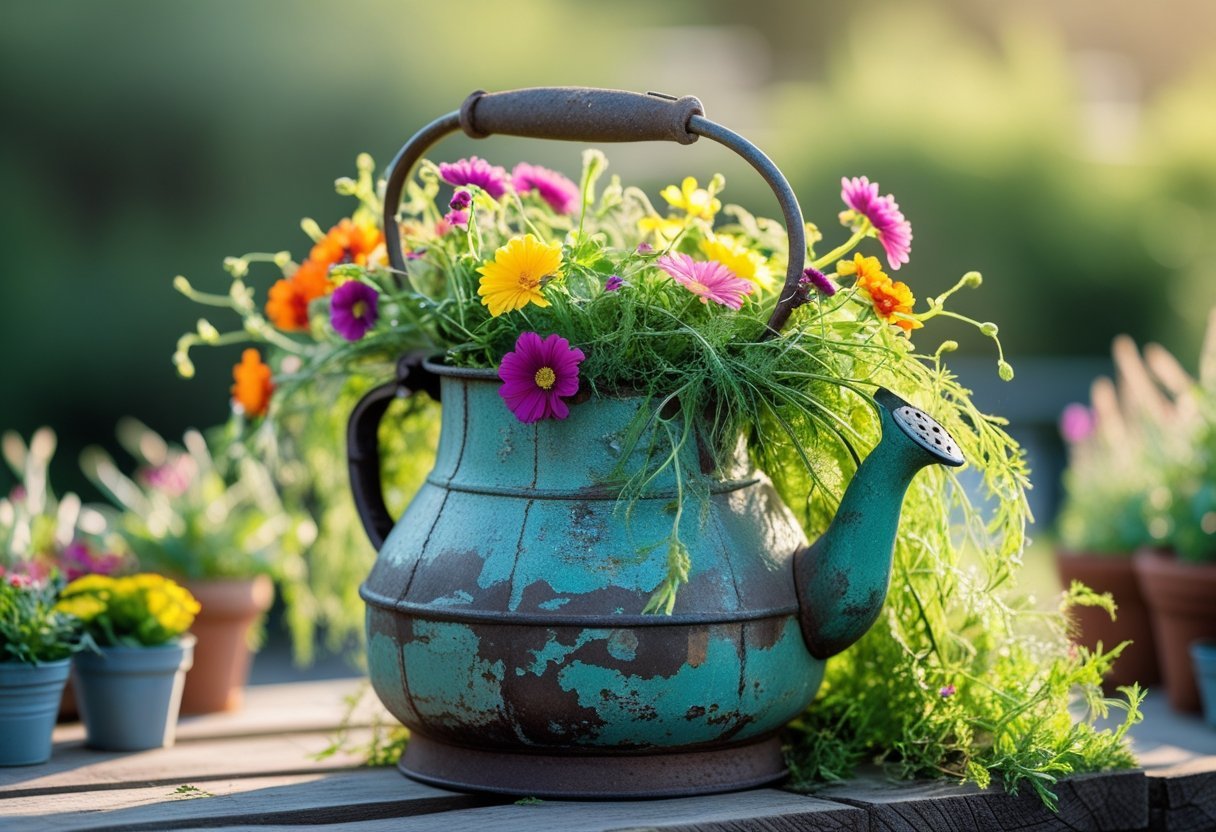 An old metal kettle used as a flower pot overflowing with colorful flowers on a wooden surface outdoors.