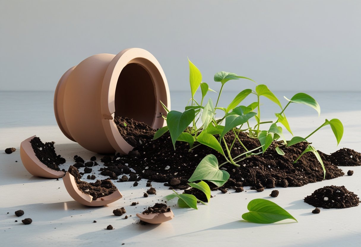 A broken clay urn spilled on a surface with soil and green plant leaves scattered around it.