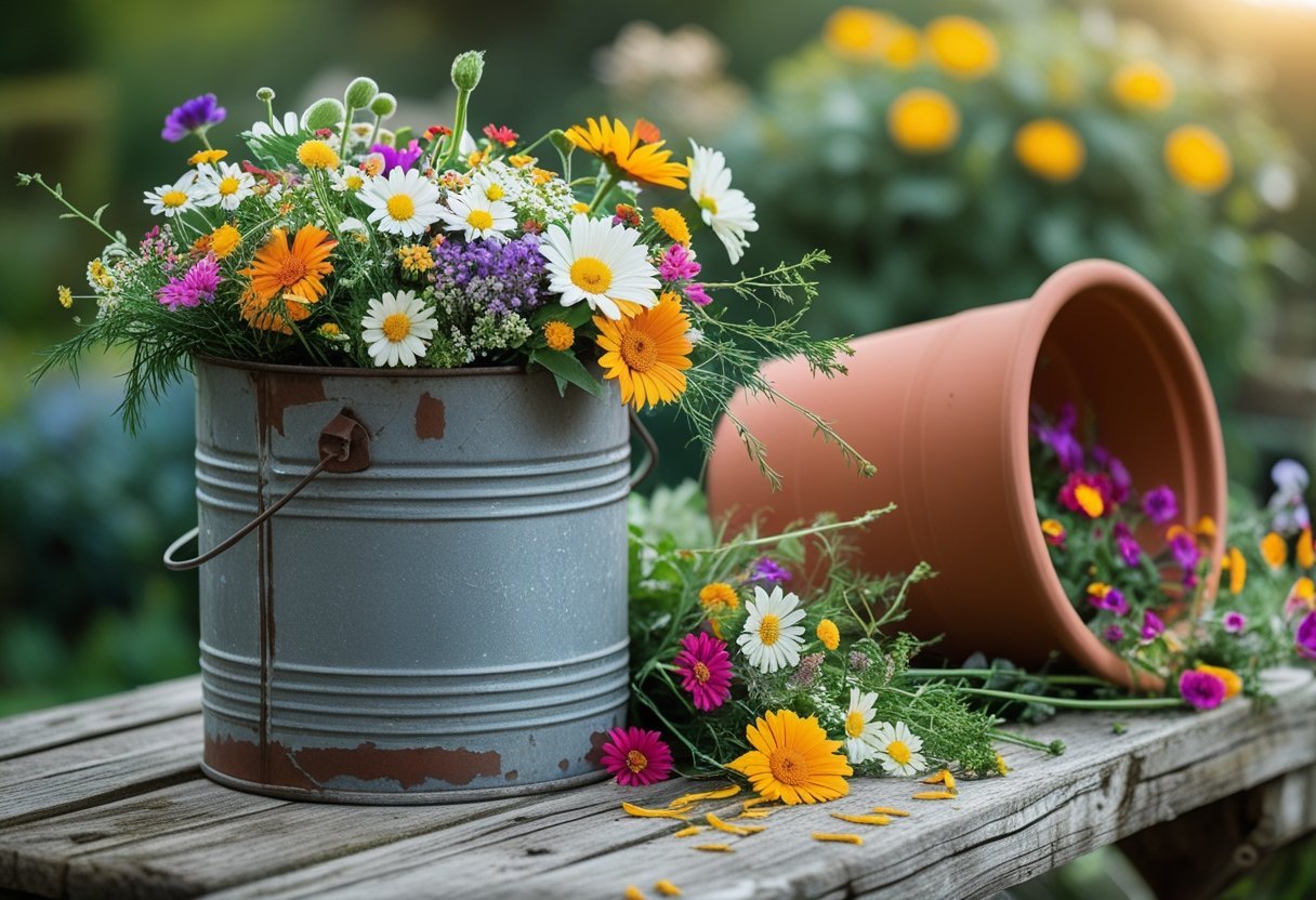 A metal milk can overflowing with fresh flowers next to a tipped-over flower pot with flowers spilling out onto a wooden surface outdoors.