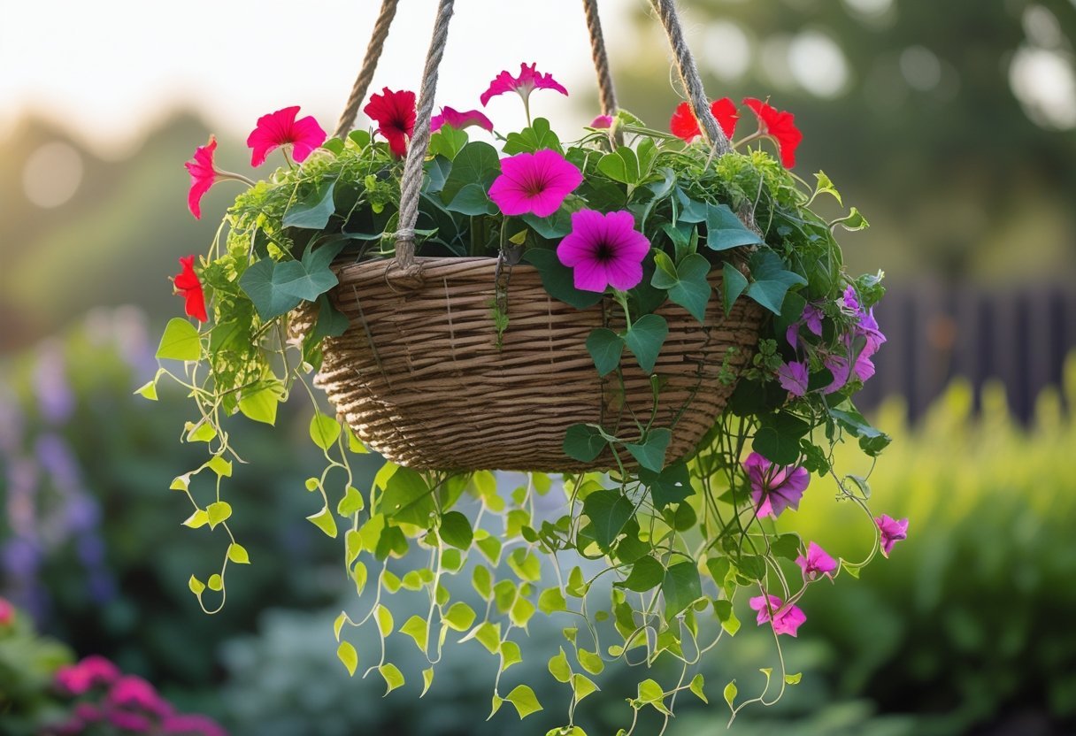 Upside-down hanging basket overflowing with colorful flowers and green leaves against a blurred garden background.