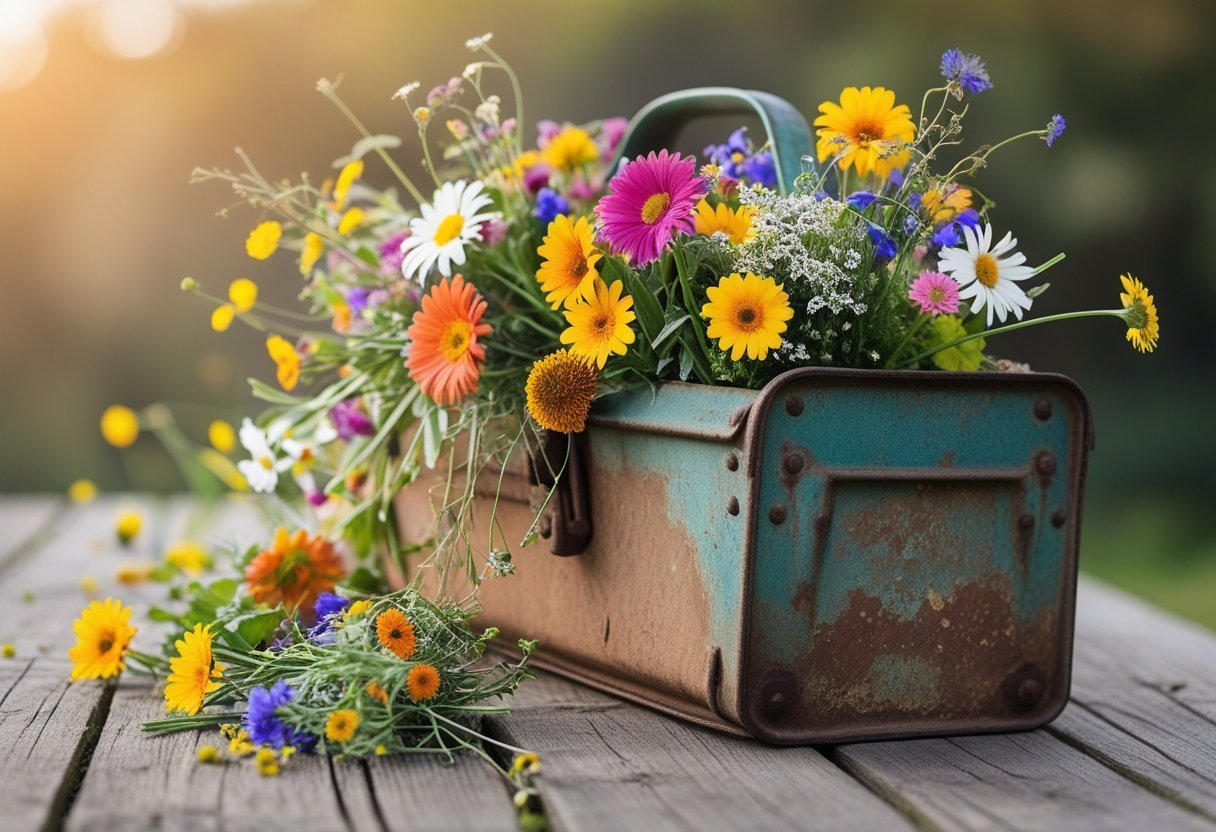A vintage toolbox tipped over with colorful flowers spilling out from a fallen flower pot on a wooden surface.