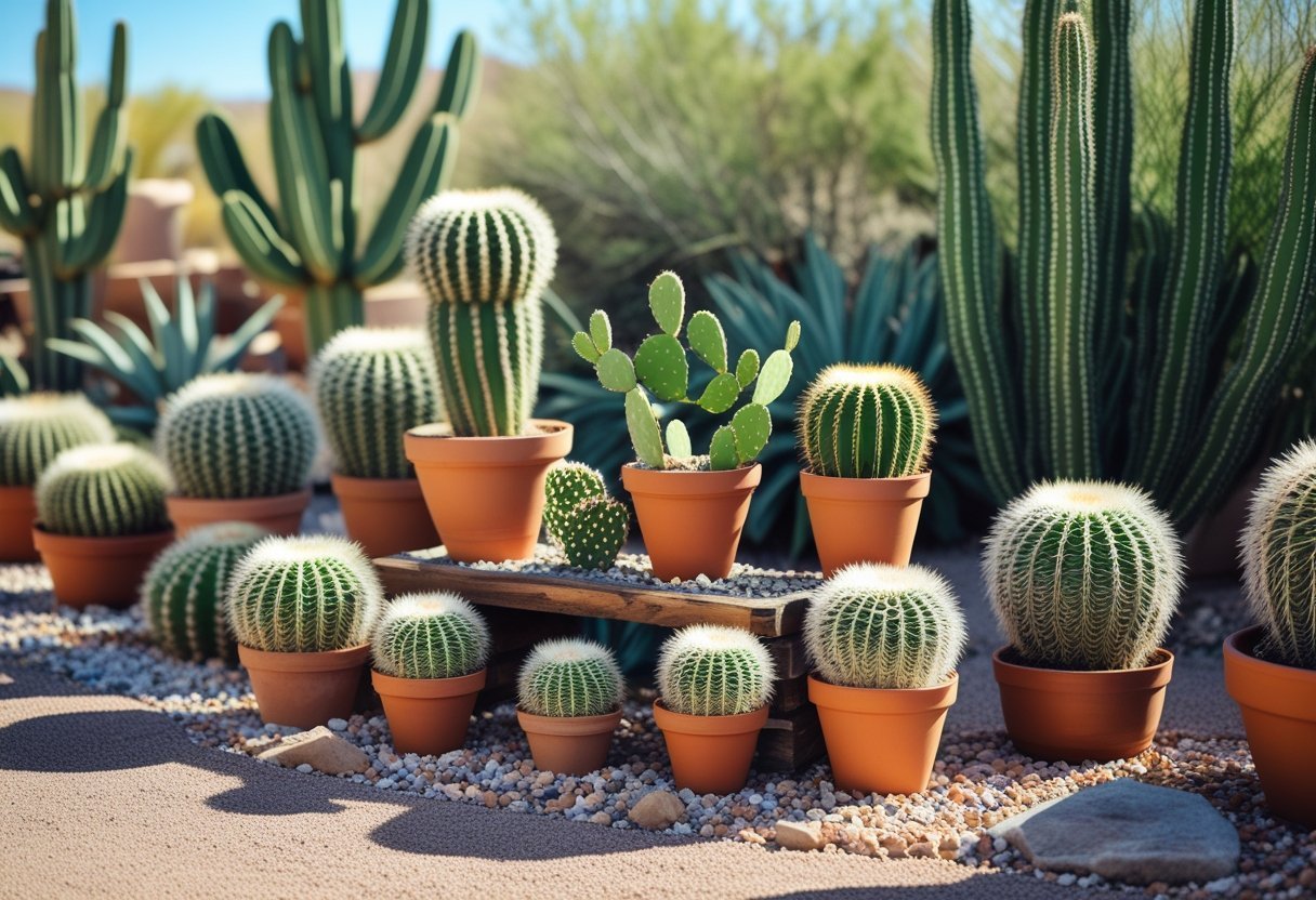 A diverse cactus garden with various cacti in pots and planted in the ground under natural sunlight.