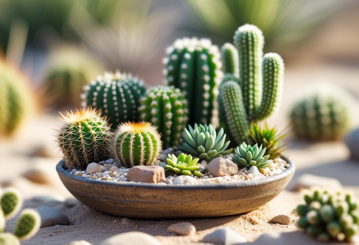 A small desert garden with various miniature cacti and succulents arranged in a shallow container with sandy soil and rocks.