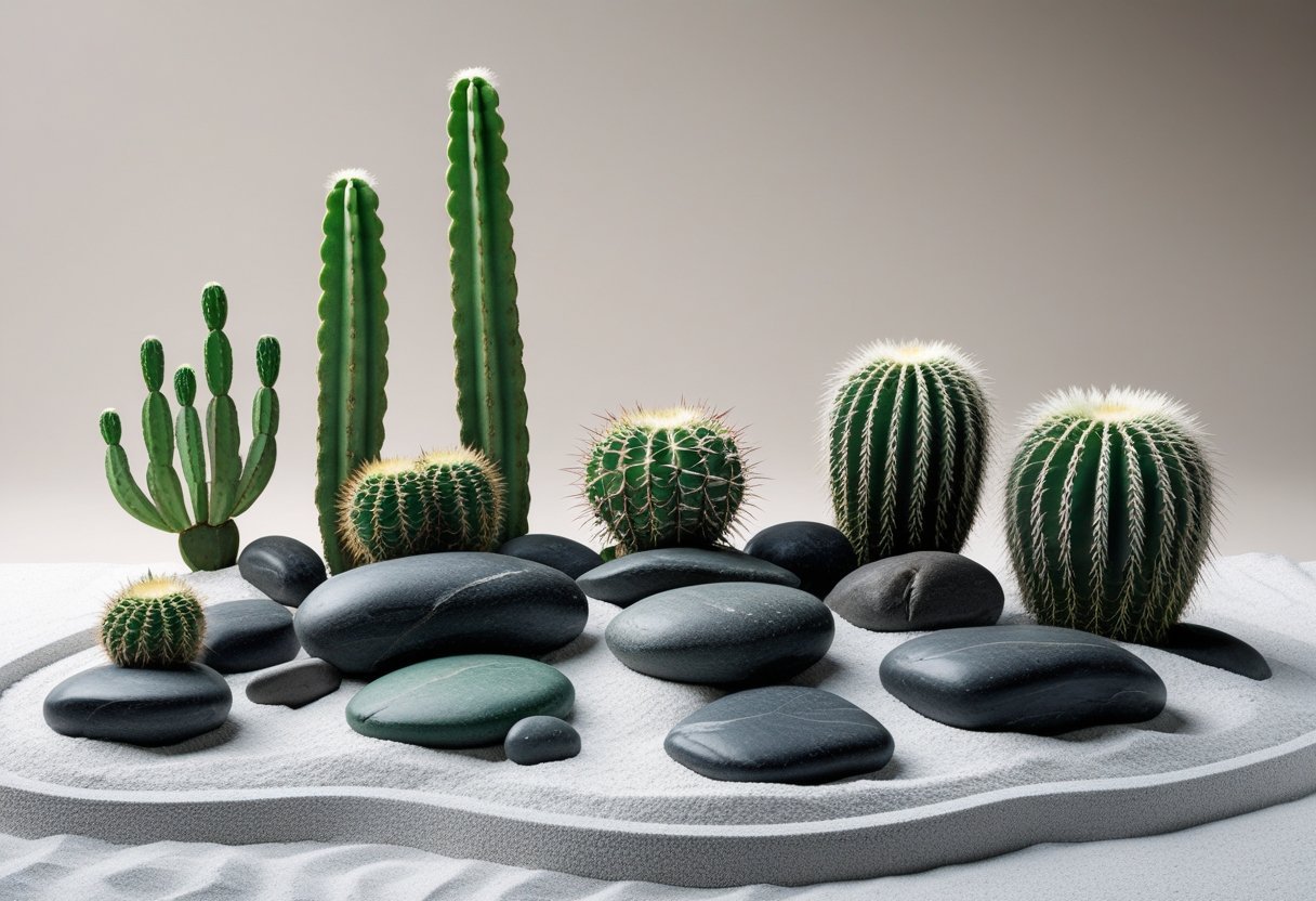 A zen garden with smooth dark rocks and various green cacti arranged on white sand.