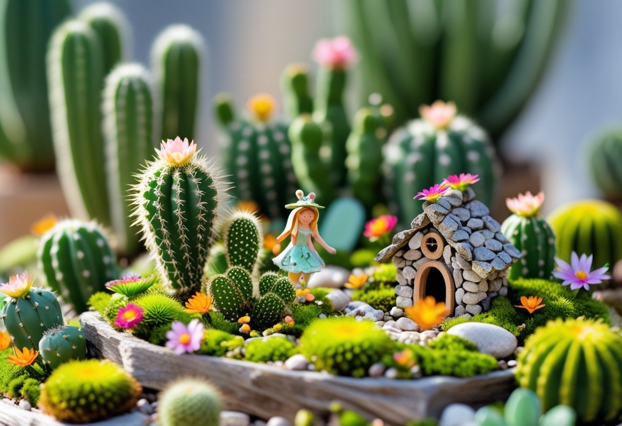 A miniature garden with various small cacti, moss, tiny flowers, and small fairy figurines among the plants.