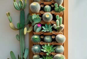 A vertical wooden panel mounted on a wall with various cacti of different shapes and sizes arranged in small pots, creating a lush vertical garden.