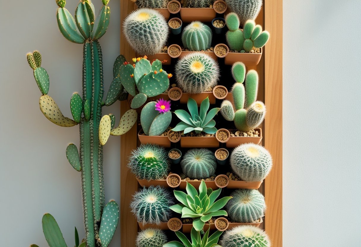 A vertical wooden panel mounted on a wall with various cacti of different shapes and sizes arranged in small pots, creating a lush vertical garden.