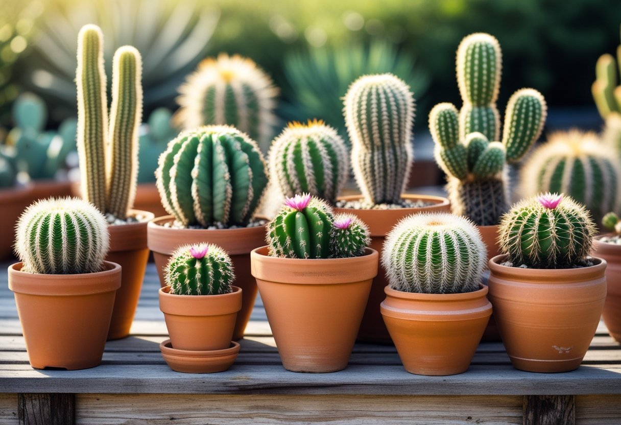 A group of terracotta pots filled with various types of healthy cactus plants arranged outdoors on a wooden surface.