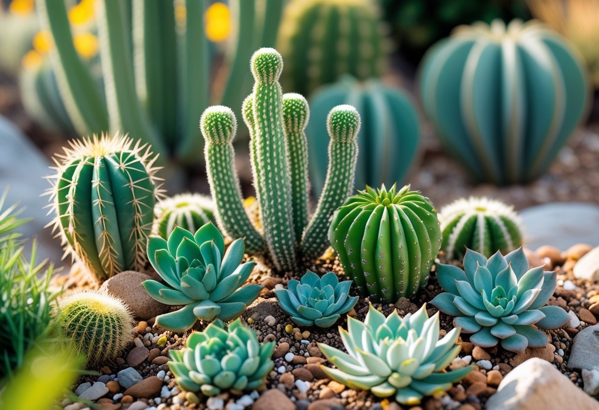 A garden with a variety of green cacti and succulents arranged closely together in soil and small rocks.