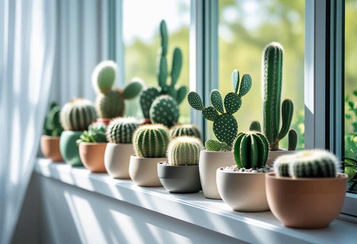 A sunlit indoor window sill filled with various small cacti and succulents in ceramic and terracotta pots.