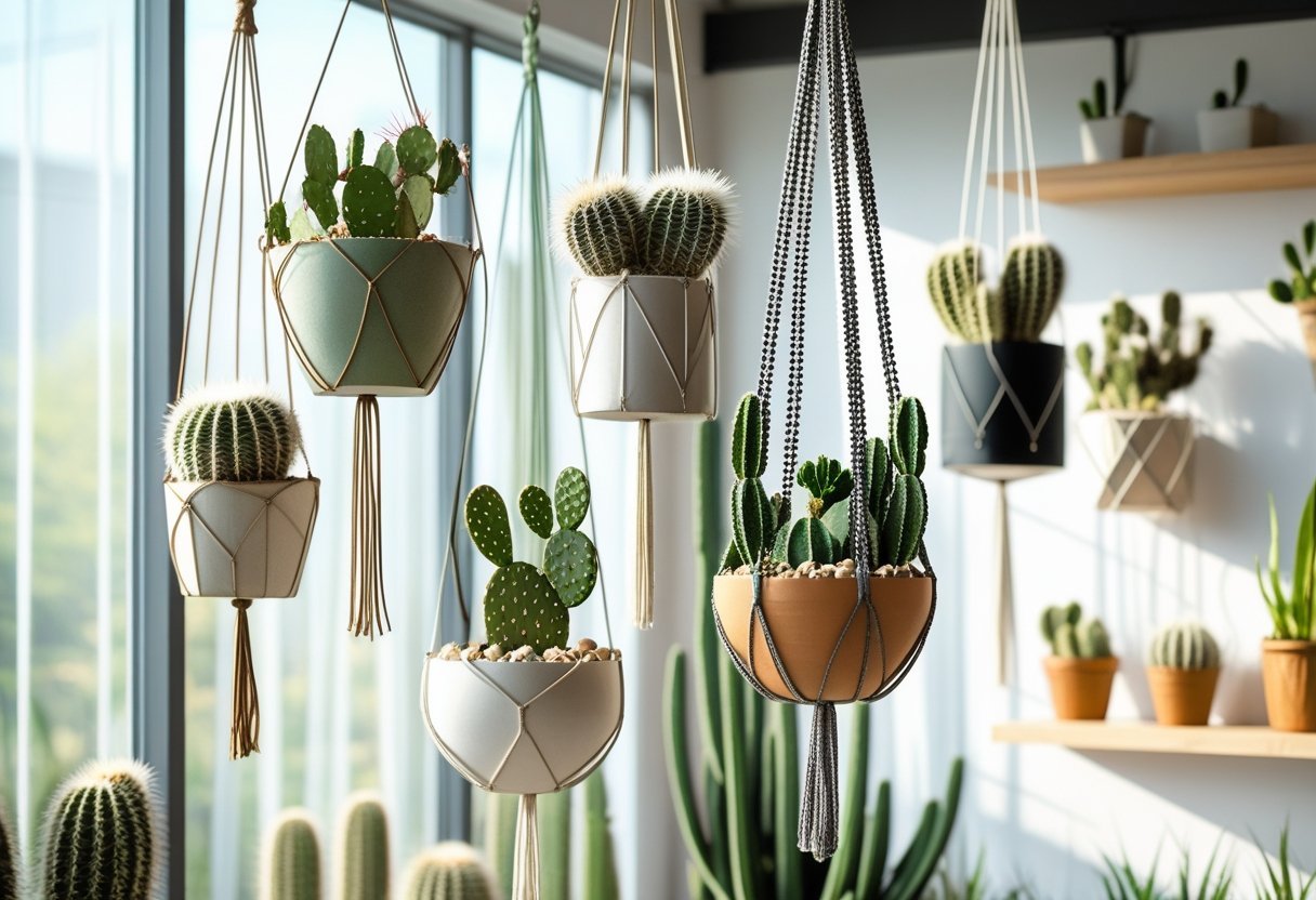 Eight hanging cactus planters with different types of cacti suspended at various heights in a bright indoor garden space.