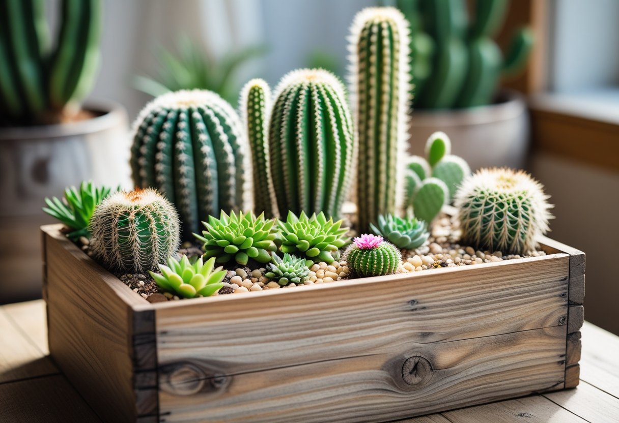 A wooden box filled with various small cacti and succulents arranged as a garden.