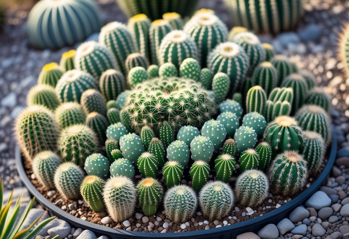 A garden with various cacti arranged in a spiral pattern surrounded by soil and decorative rocks.