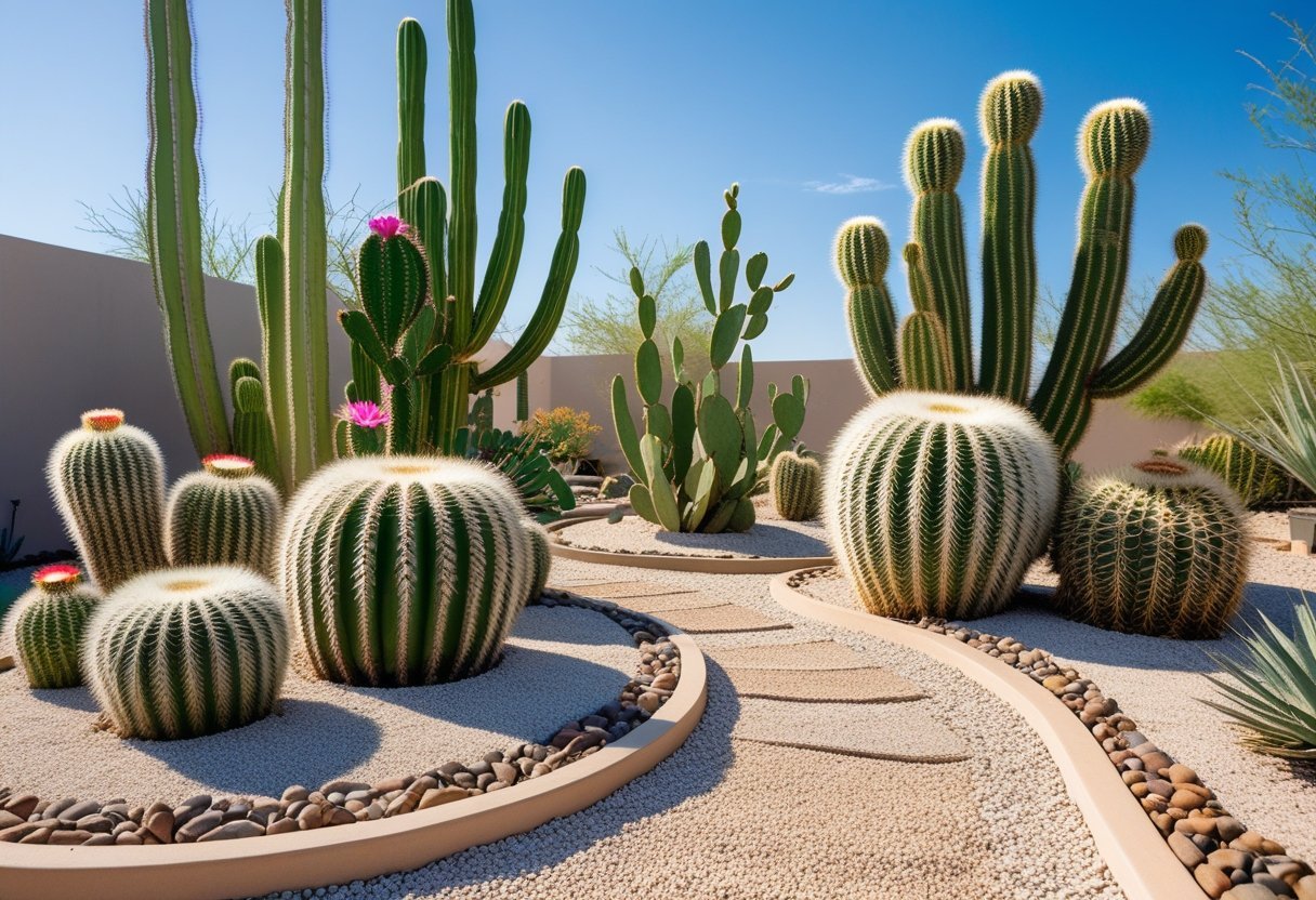 A cactus garden with various types of cacti surrounded by decorative gravel under a clear blue sky.