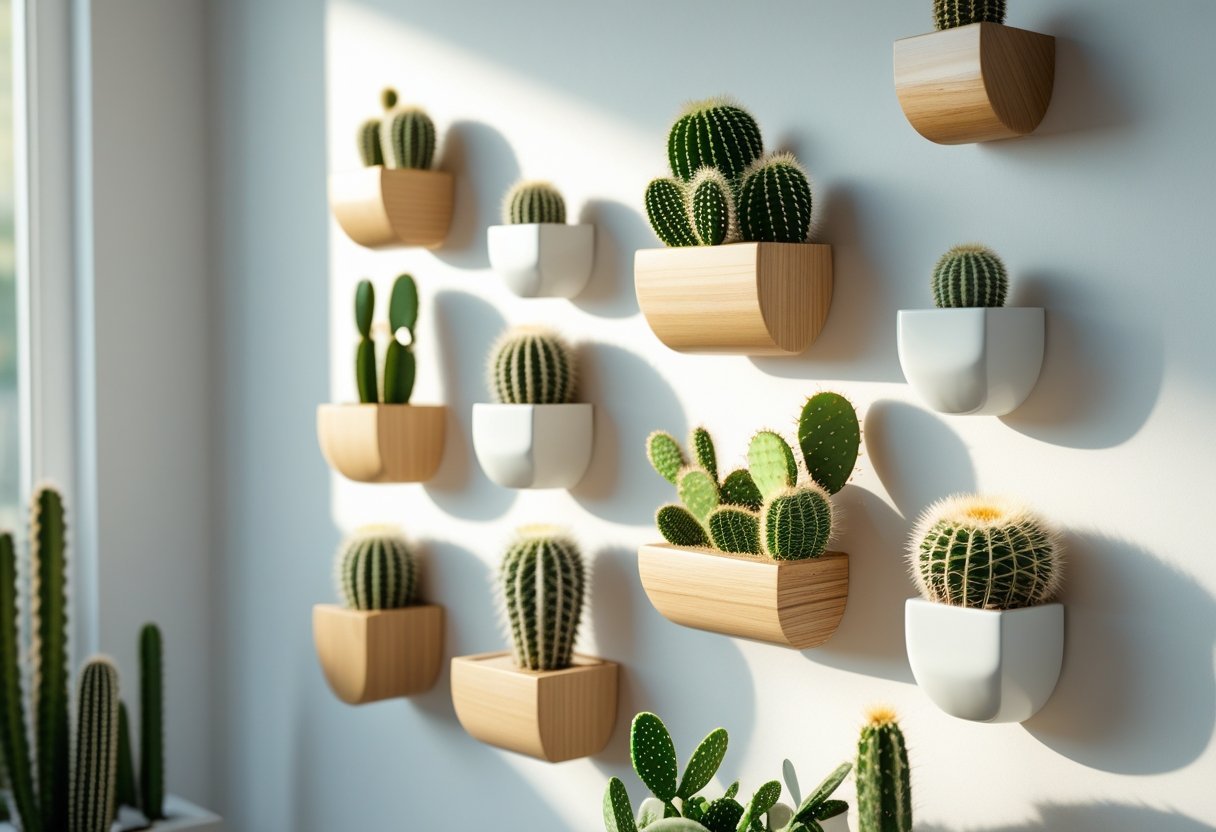 A wall with several small and medium cacti arranged in mounted planters against a light-colored background.