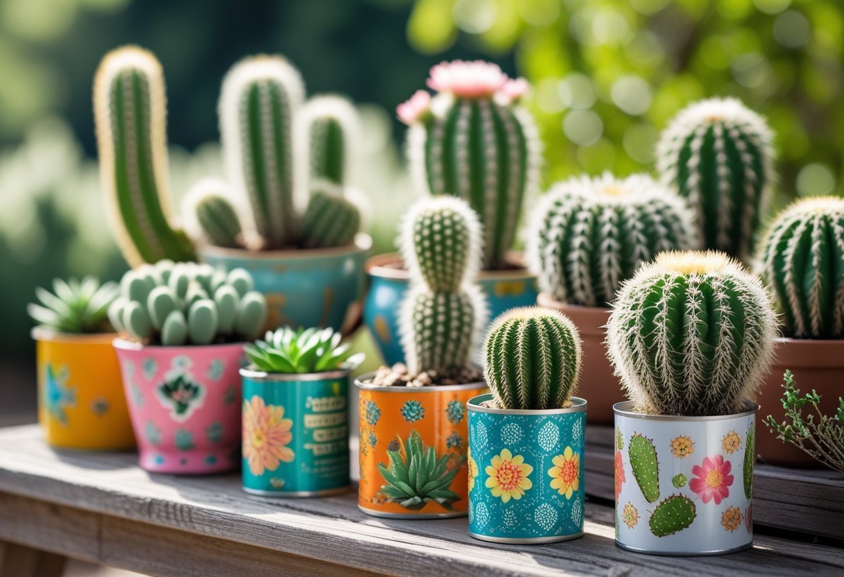 A variety of small cacti planted in colorful teacups and tin cans arranged on a wooden table outdoors.