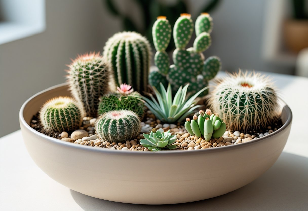 A large ceramic bowl filled with a variety of small cacti and succulents arranged in soil and pebbles.