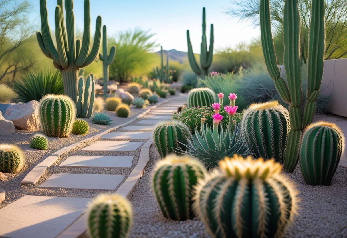 A winding garden pathway bordered by various green cacti and desert plants under a clear sky.
