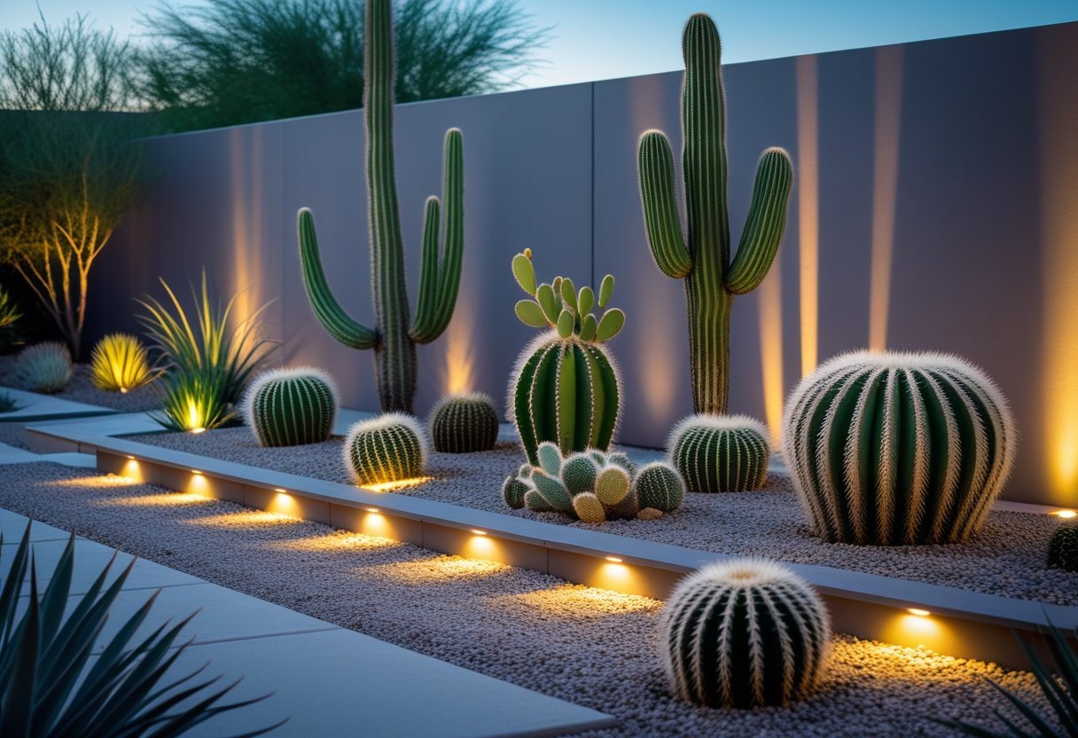 A cactus garden with various types of cacti illuminated by warm LED lights at dusk.