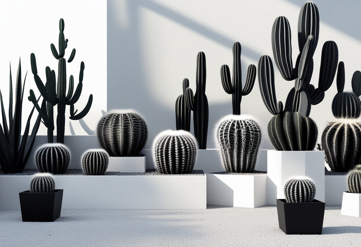 A cactus garden with various cacti in different shapes and sizes arranged outdoors with gravel ground and simple planters.