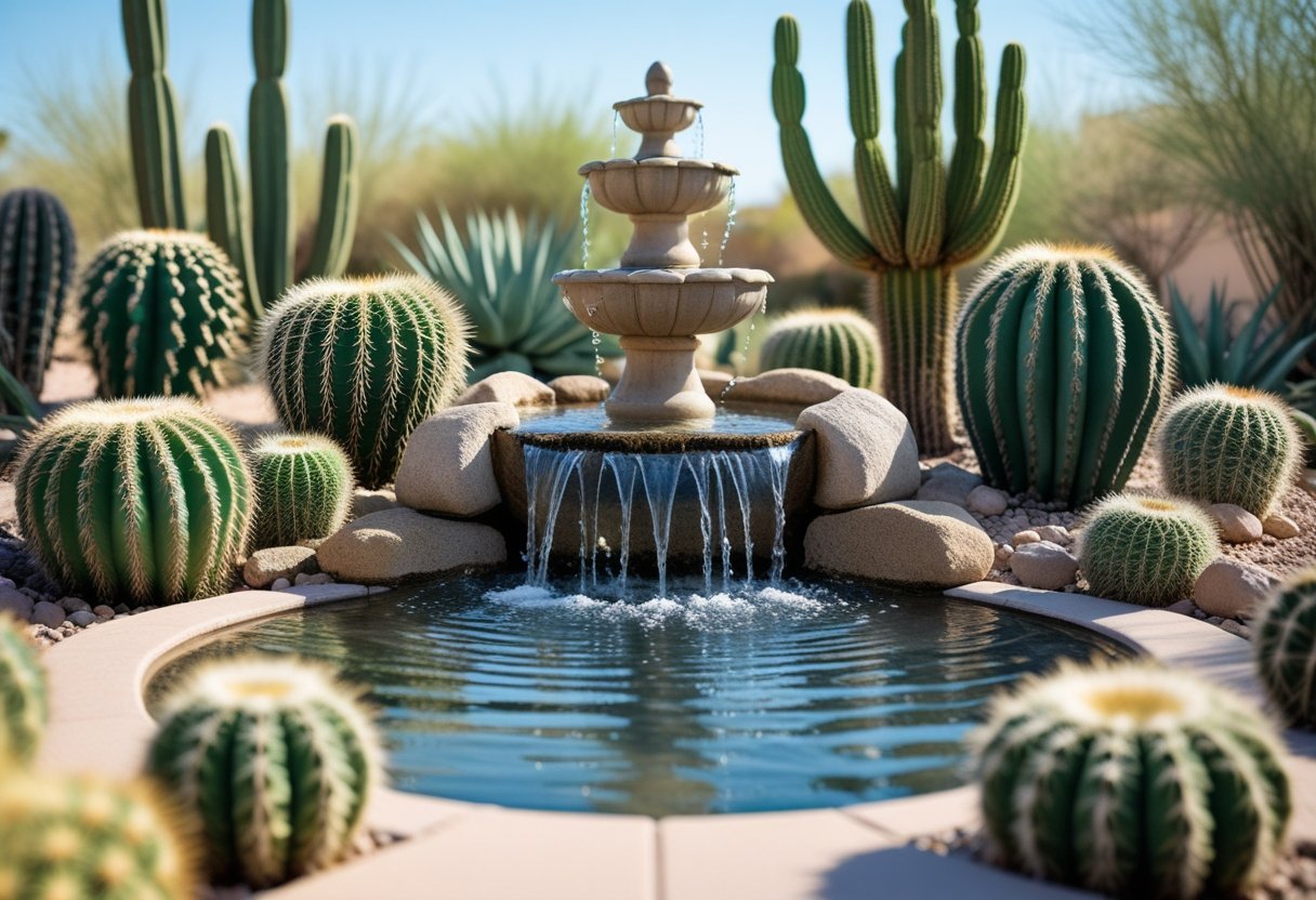 A cactus garden with various green cacti surrounding a stone water fountain with water flowing gently.