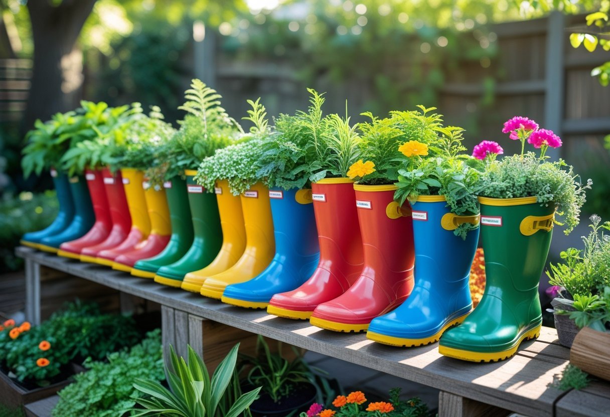 Colorful rain boots used as planters filled with green plants and flowers arranged in a sunny garden setting.