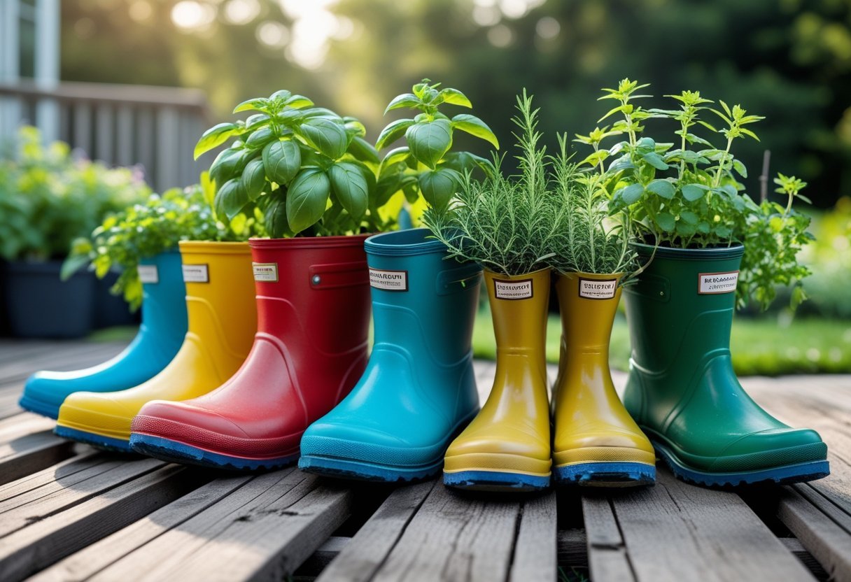 Colorful rain boots filled with green herbs arranged outdoors on a wooden deck.