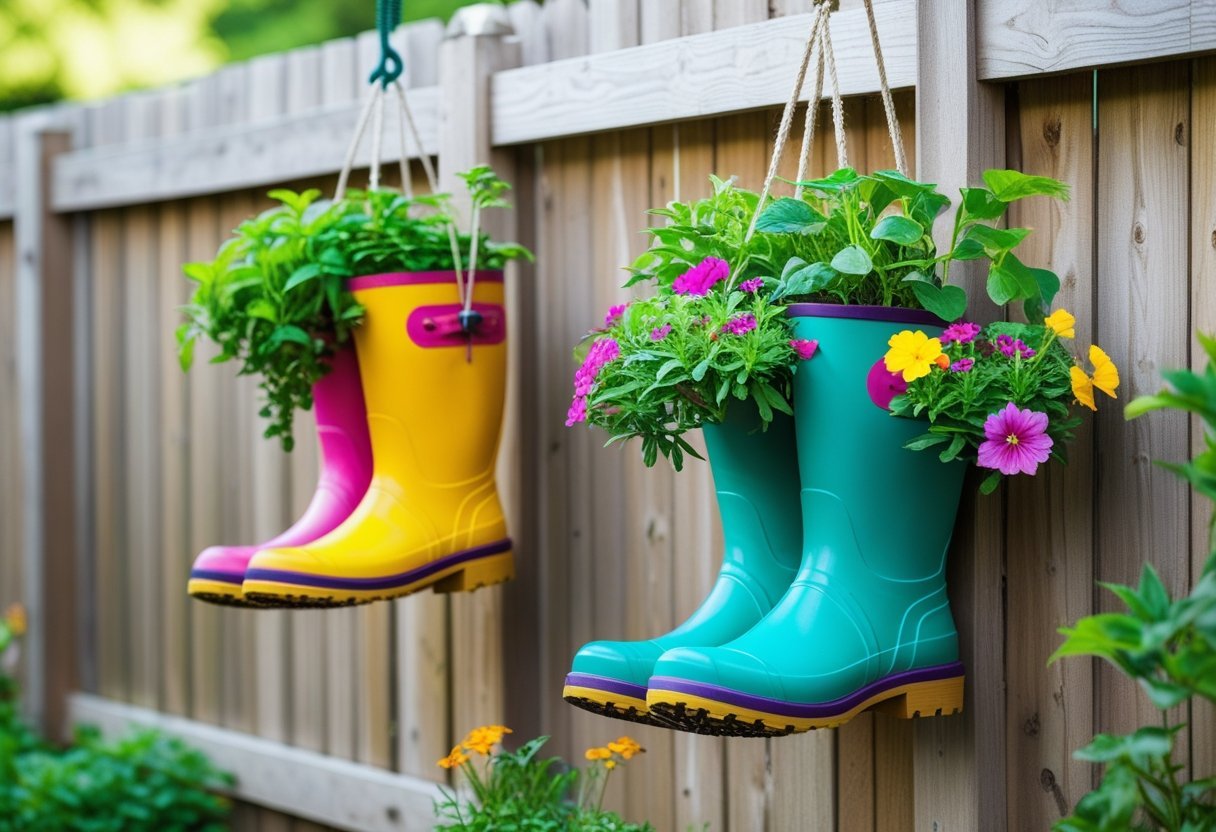 Two rain boots hanging on a wooden fence, used as planters with green plants and flowers inside.