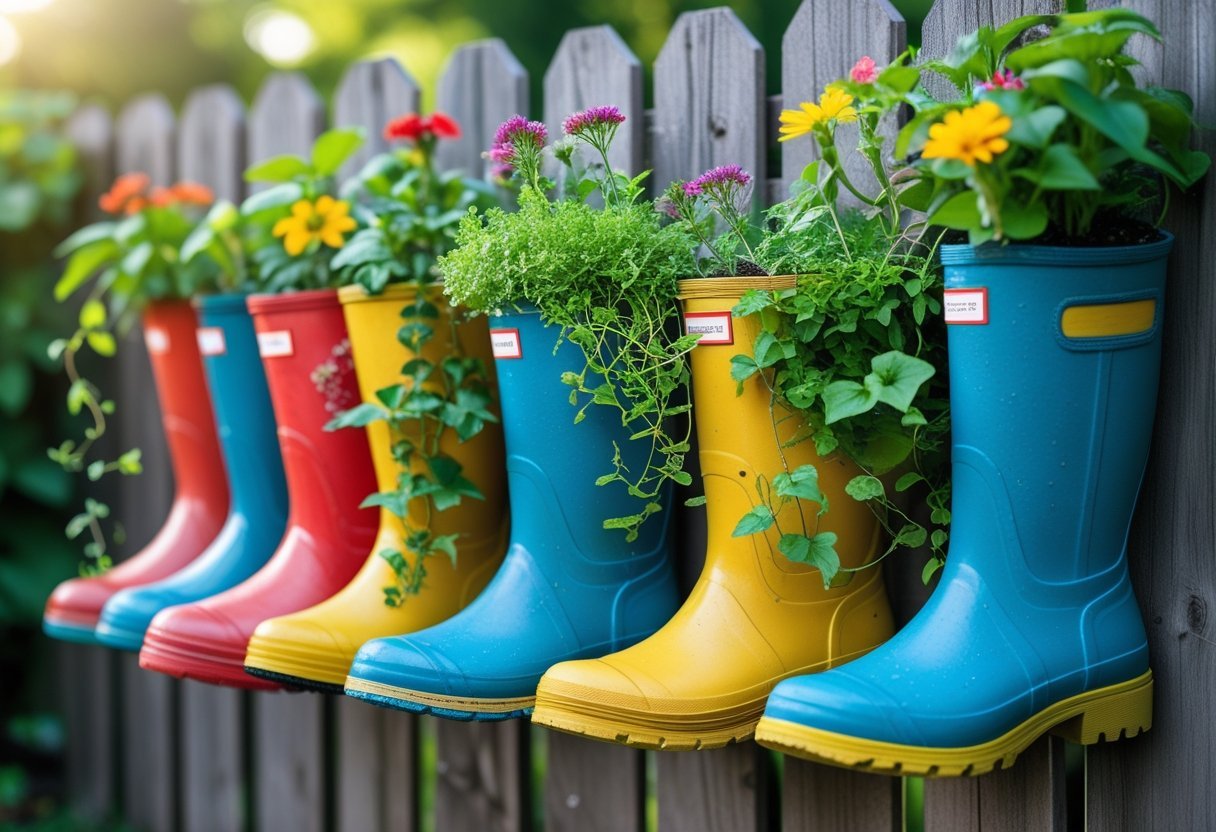 Vertical garden made from colorful rain boots filled with green plants and flowers hanging on a wooden fence.