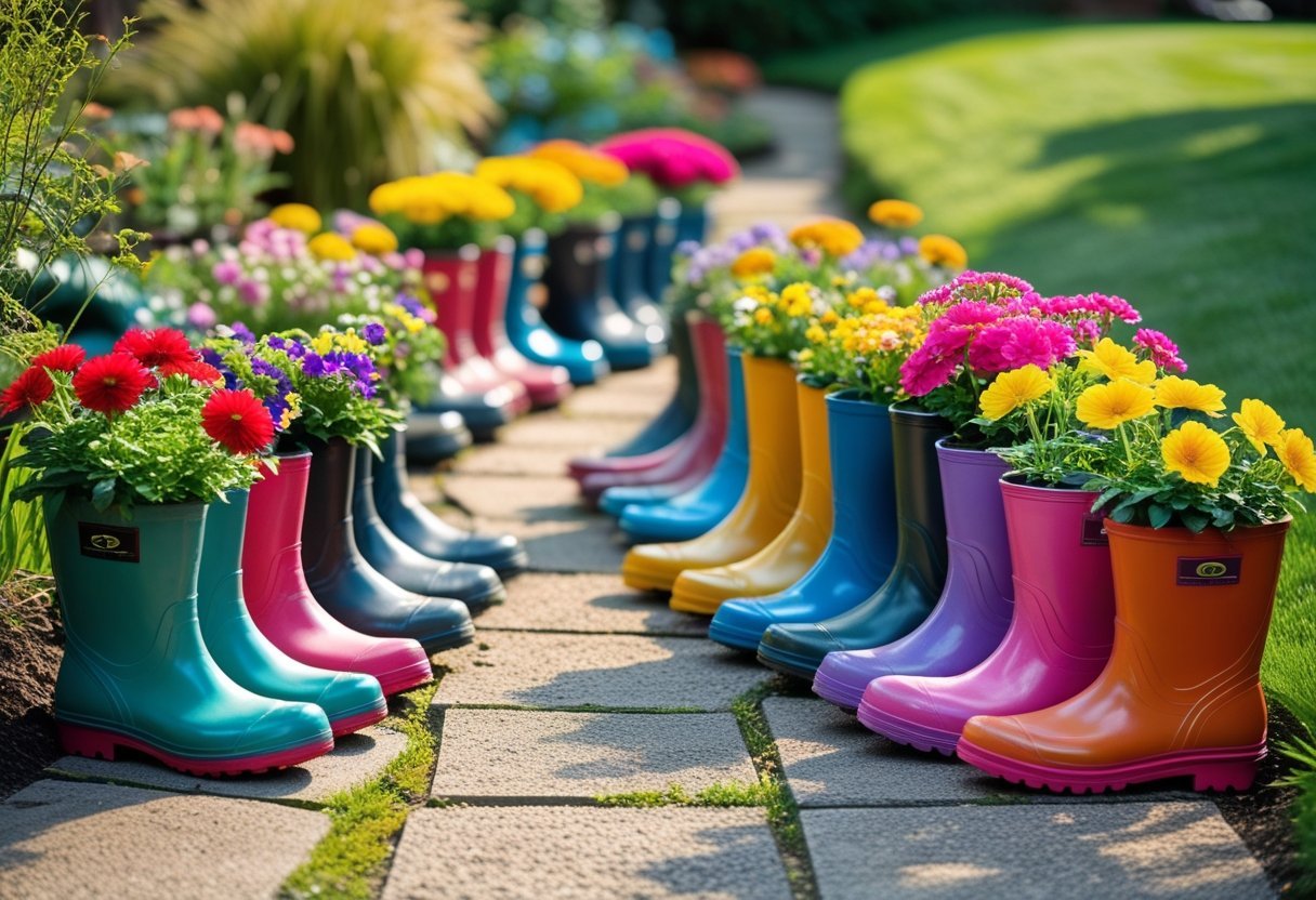 A garden pathway lined with colorful rain boots used as flower planters, filled with blooming flowers and surrounded by green plants.