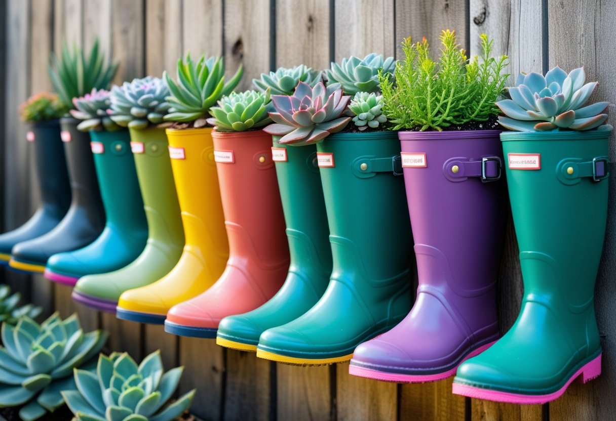Colorful rain boots filled with succulents mounted on a wooden wall as a garden display.