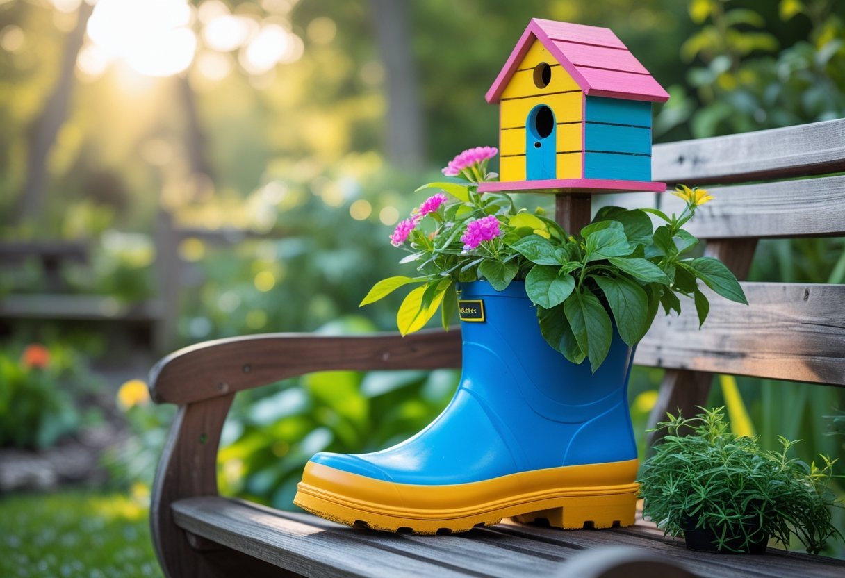 A colorful rain boot used as a planter with green plants and flowers, topped with a small birdhouse, placed outdoors on a wooden bench surrounded by greenery.