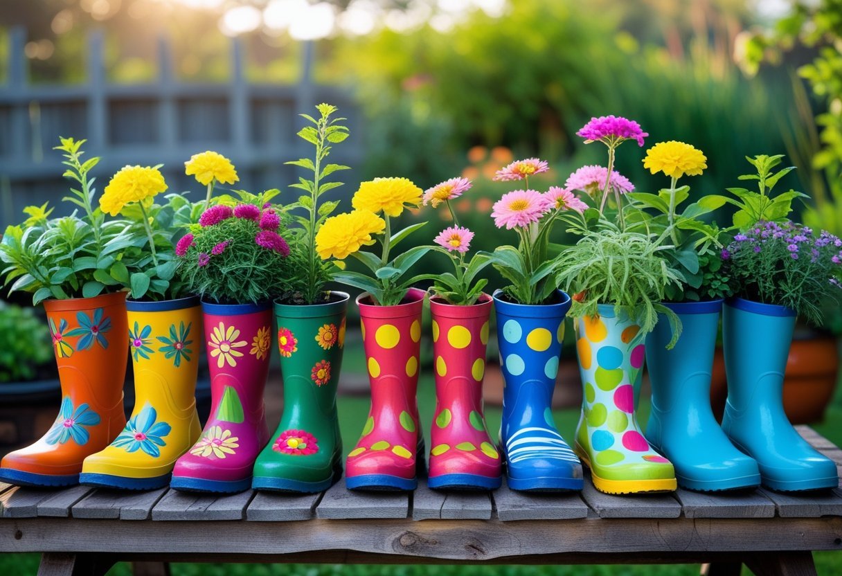 Colorful painted rain boots used as planters filled with flowering plants arranged on a wooden table in a garden.