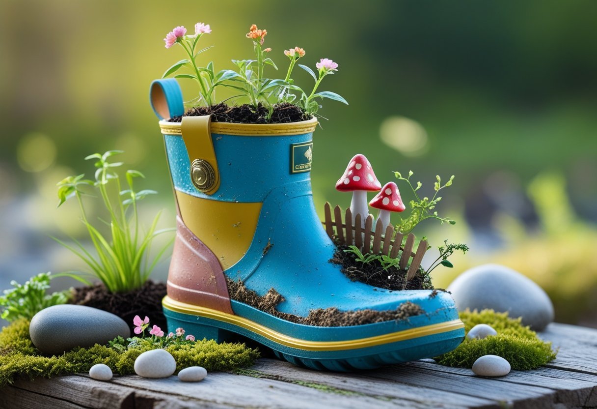 A colorful rain boot filled with soil, flowers, small plants, and miniature fairy garden decorations placed outdoors on a wooden surface.