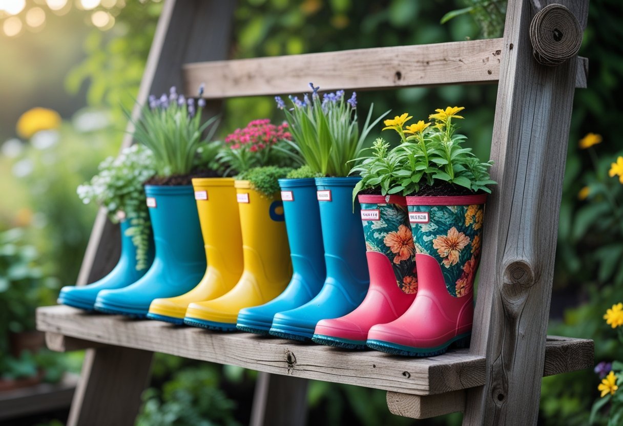 Wooden ladder shelf outdoors with colorful rain boots used as planters holding green plants and flowers.
