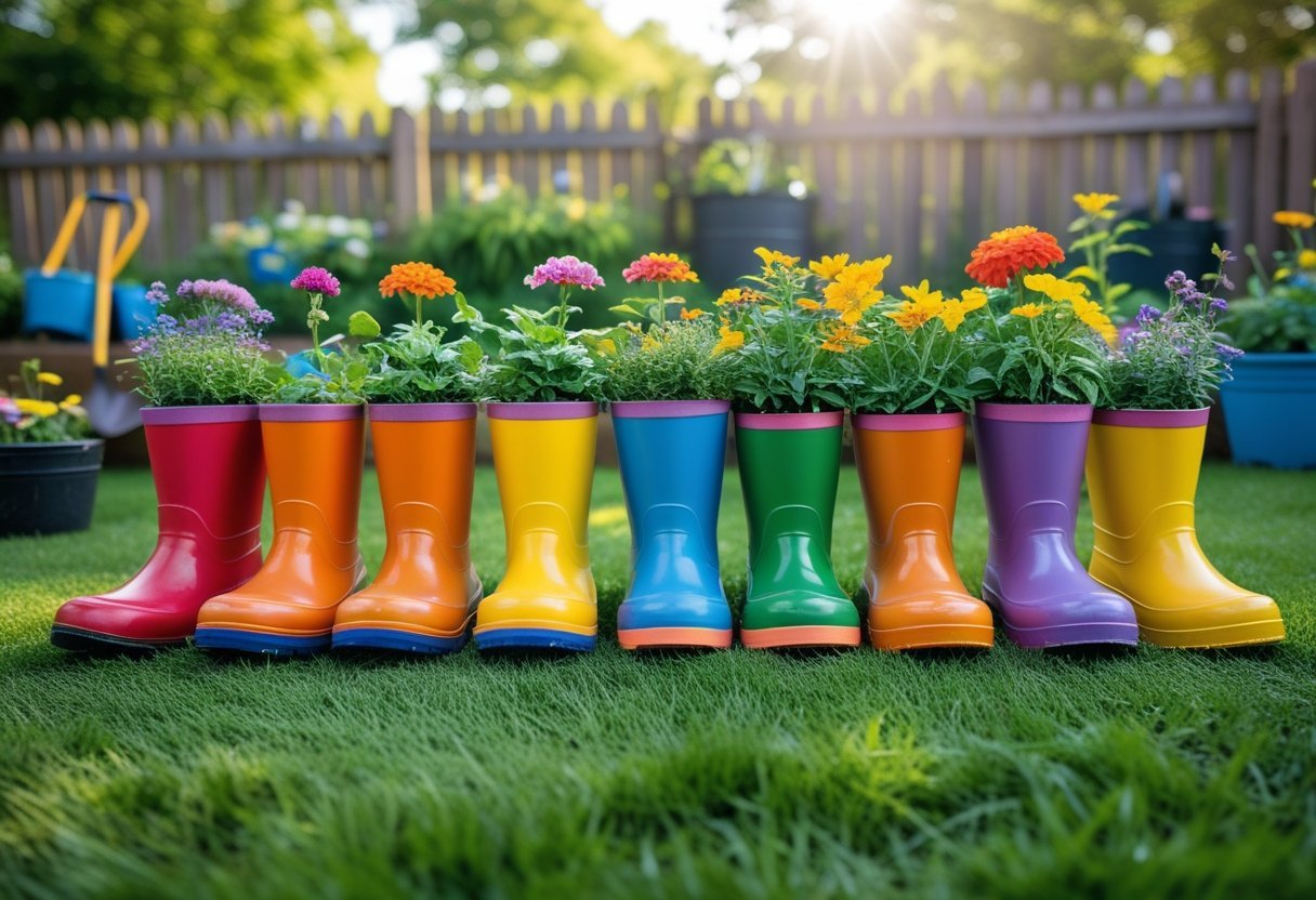 A row of colorful rain boots used as planters filled with flowers and plants in a sunny garden.